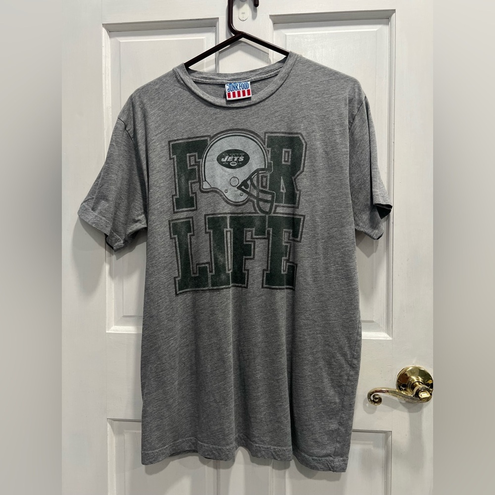 JUNK FOOD Gray NEW YORK JETS "For Life" Distressed T-Shirt SIZE XXL 23" Ptp